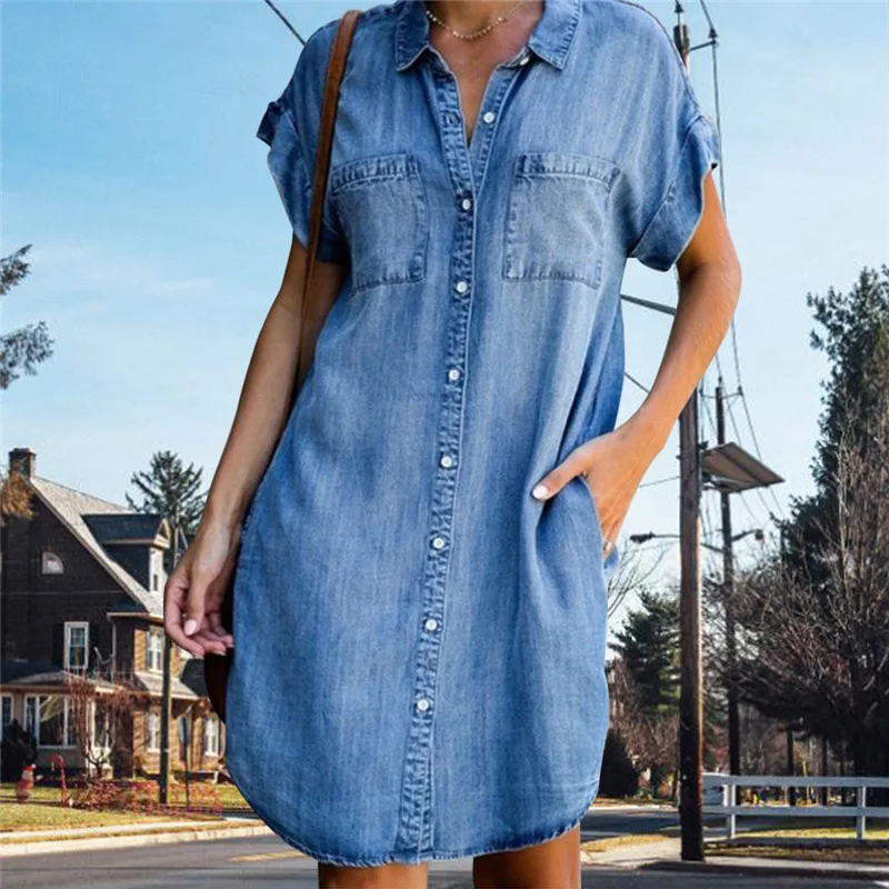 Robe Tunique Chemise en Jean manches courtes et poches