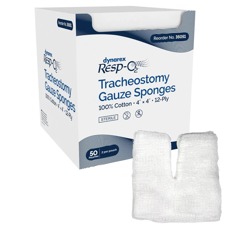 Dynarex Resp-O2 Tracheostomy Drain Sponges, Sterile 2's, 12-Ply, 4" x 4" 100% Cotton