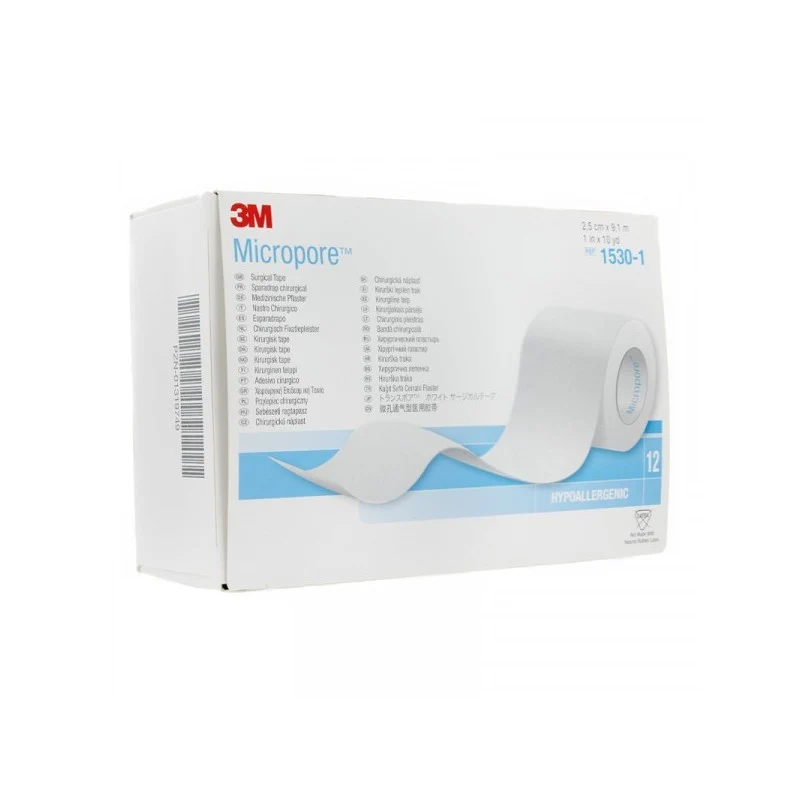 Sparadrap microporeux hypoallergénique 3M Micropore - Dim 5 m x 2,5 cm. Boîte de 12 rouleaux Sans dévidoir