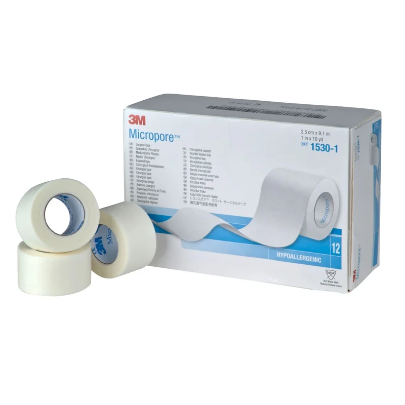 Sparadrap microporeux hypoallergénique 3M Micropore - Dim 9,14 m x 2,5 cm. Boîte de 12 rouleaux Sans dévidoir