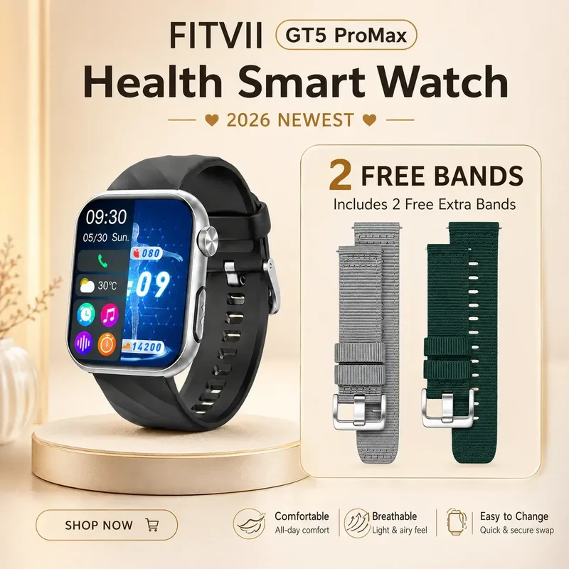 Upgrade FITVII® GT5 PRO MAX Blood Pressure Watch With Heart Rate Blood Glucose Monitor Calls Smartwatch