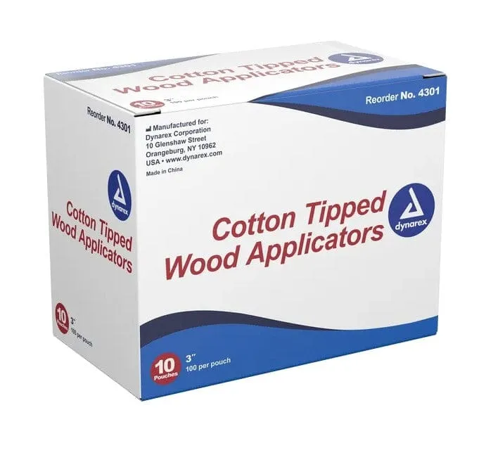 Dynarex Cotton Tipped Applicators 3" 100 Non-Sterile Applicators per Pouch
