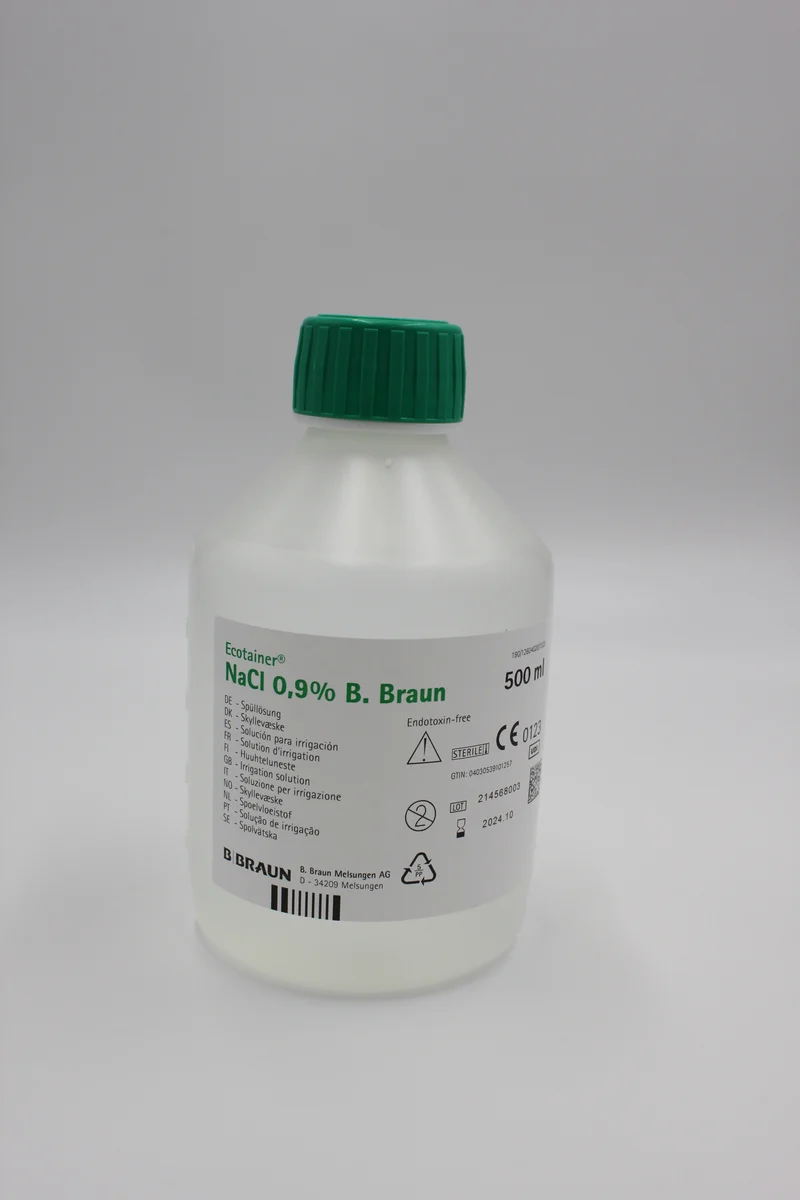 Sérum physiologique stérile NaCl 0,9%, flacon de 500 ml