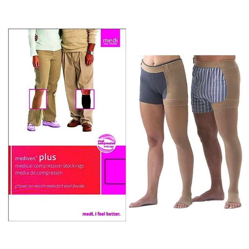 Mediven Plus Thigh High with Waist Attachment, 20-30, Left Leg, Open, Beige, Size 5