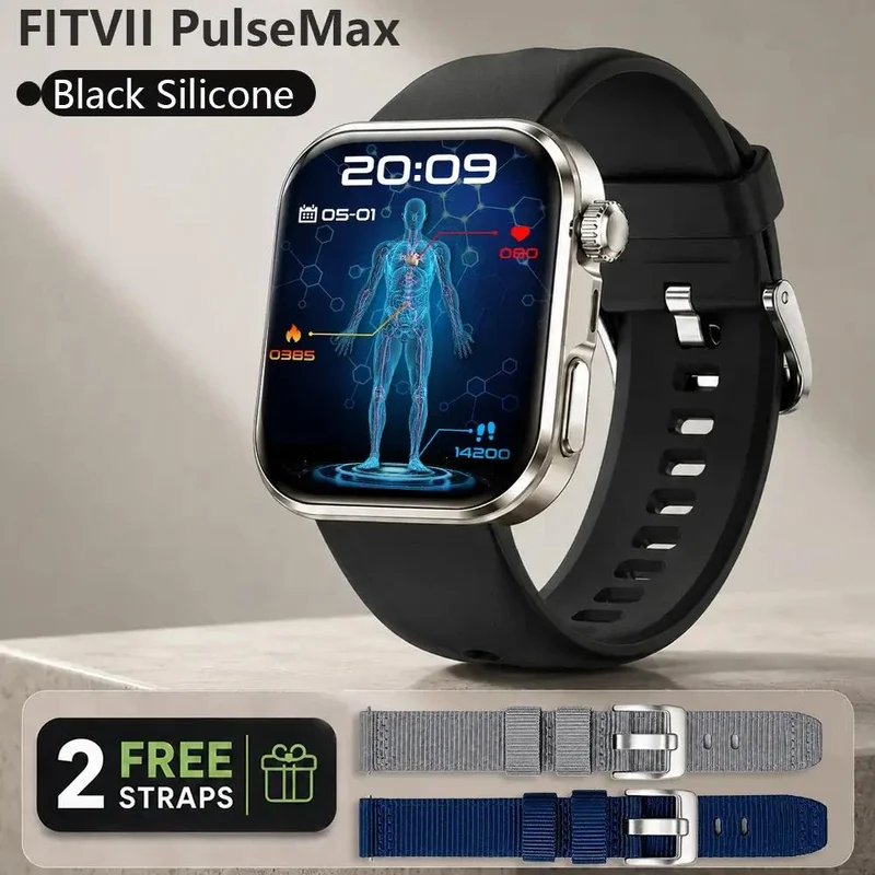 FITVII® Health Smartwatch with BP+HR+ECG+ BG+SpO2+ SOS & blood analysis supports voice calls and fitness tracking🔥