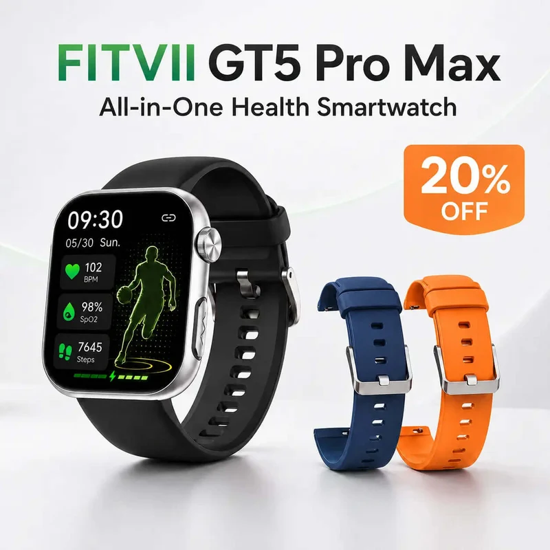 FITVII GT5 PRO MAX Smartwatch for Game Day, Wellness & Family Care
