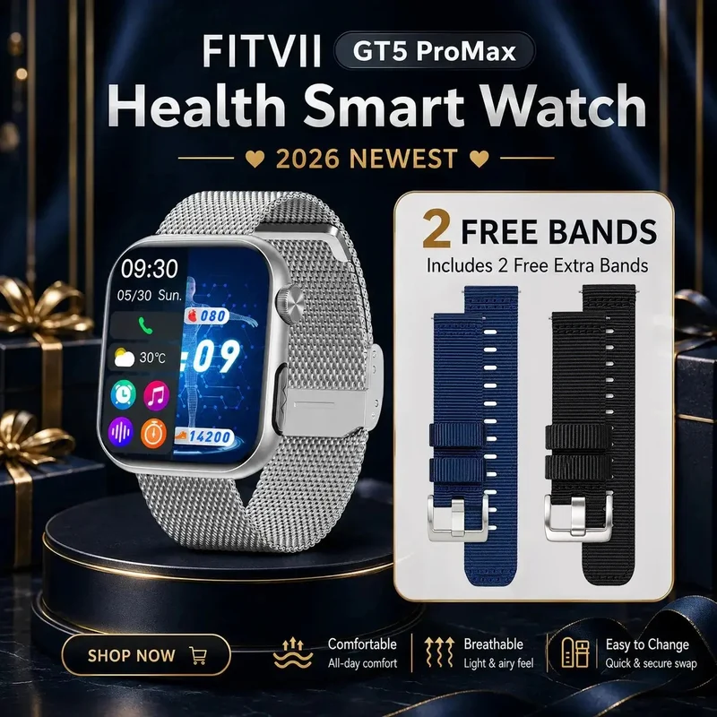 FITVII GT5 Pro Max Health Smartwatch with Blood Pressure, ECG, Glucose Trends & SOS
