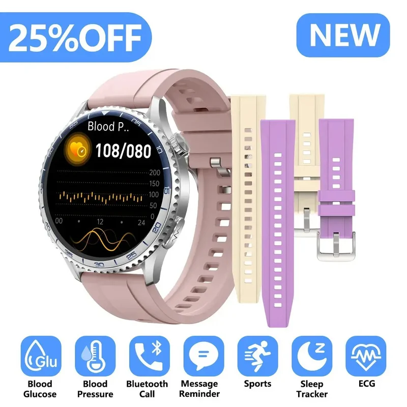 Women Health Smartwatch With Blood Pressure, Blood Glucose, HRV, EKG, SOS, Spo2, Sleep, Calls and Sport Tracker Reminder