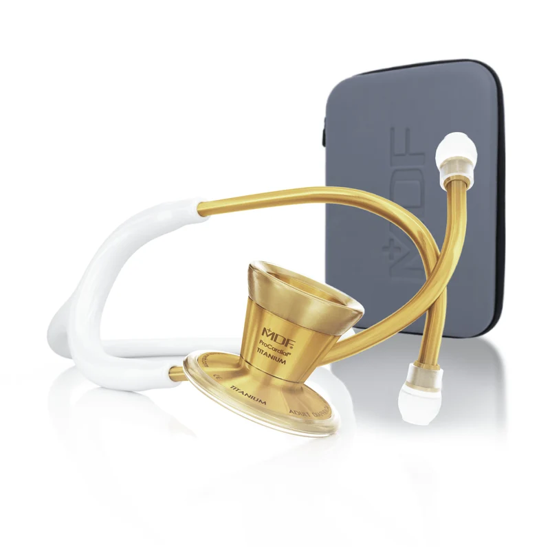 ProCardial® Titane - Stéthoscope de Cardiologie Adulte - Blanc / Or avec Étui
