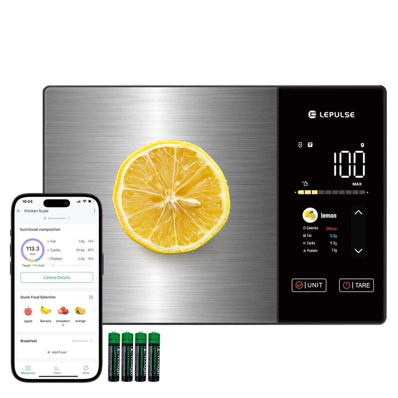Lepulse Food Scale with Nutritional Calculator, Smart Digital Kitchen Scale for Weight Loss, App with 23 Nutrients Tracking, Calorie, Fat, Carbs, Premium Stainless Steel, 11lb