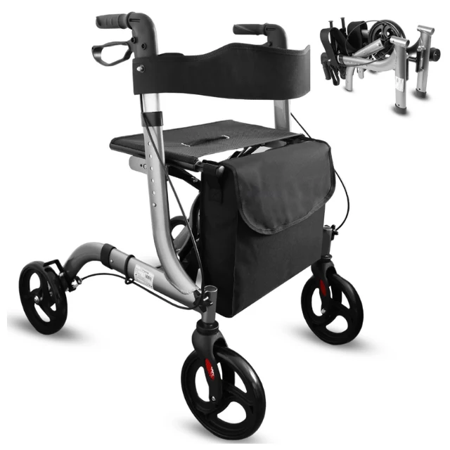 Déambulateur pour Personnes Âgées en Aluminium Rollator 4 Roues Pliable Siège et Freins