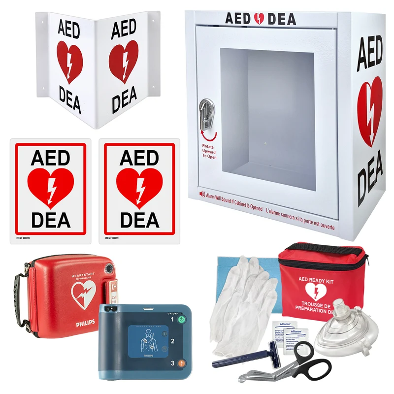 Défibrillateur externe automatisé (DEA) Philips HeartStart FRx pour accès public avec armoire murale d'alarme