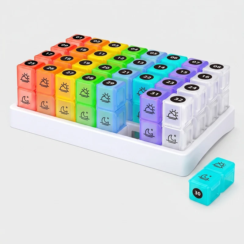 31 Day AM PM Pill Organizer with Removable Boxes, BPA-Free Case & Label Stickers