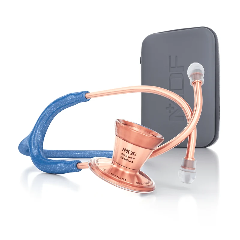 ProCardial® Titane - Stéthoscope de Cardiologie Adulte - Royal Blue à Paillettesr / Or Rose avec Étui
