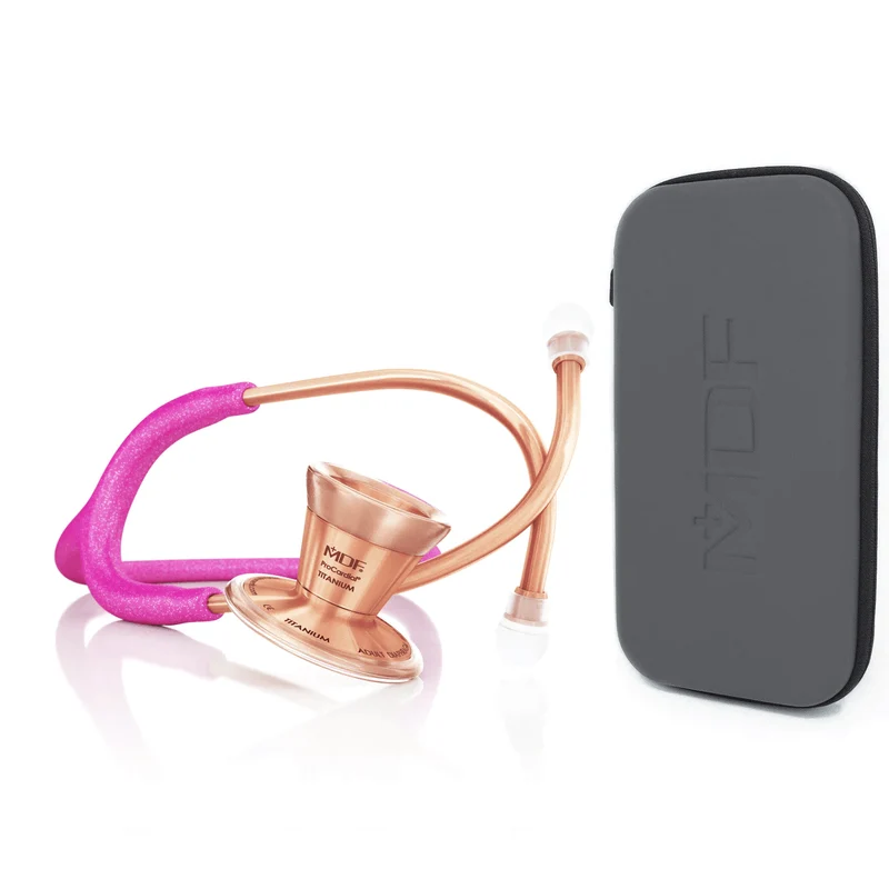 ProCardial® Titane - Stéthoscope de Cardiologie Adulte - Rose Clair Vif à Paillettes / Or Rose avec Étui