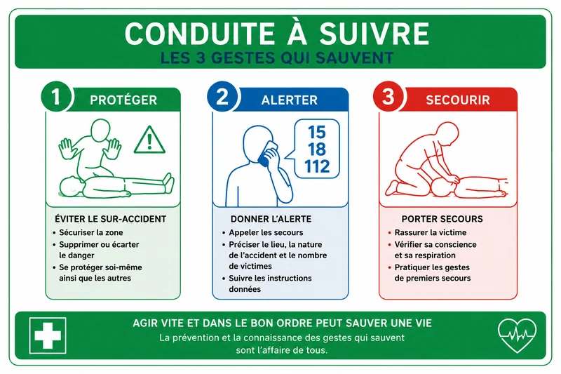 Panneau explicatif "conduite à suivre" (3 gestes qui sauvent)